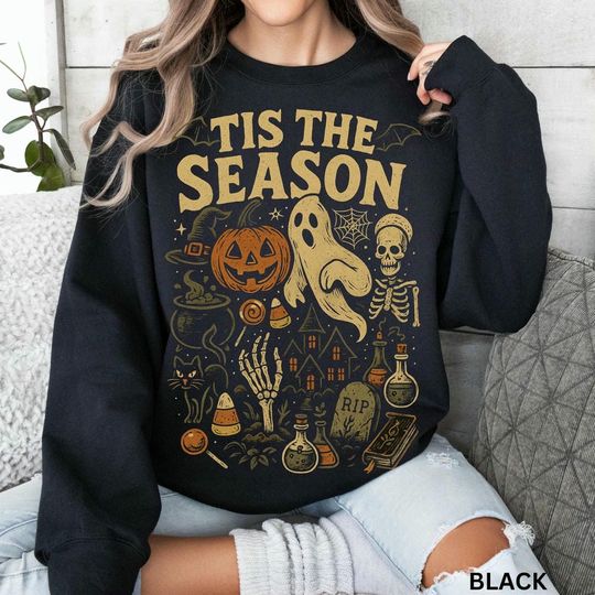 Discover Retro Halloween Sweatshirt Tis' the Season Vintage Halloween Aesthetic Pumpkin Ghost Fleece Sweatshirt Y2K Unisex Streetwear