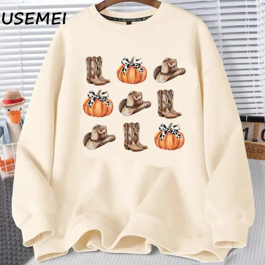 Discover Retro Cowboy Boots Halloween Sweatshirt Autumn Western Pumpkin Hoodie Retro Fall Autumn Cowgirl Crewneck Sweatshirt Women's