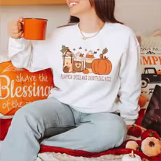 Discover Pumpkin Spice Oversized Print Sweatshirt, Coffee Lover Gift, Fall Fashion Cozy Sweater, Halloween Crewneck Pullover Top