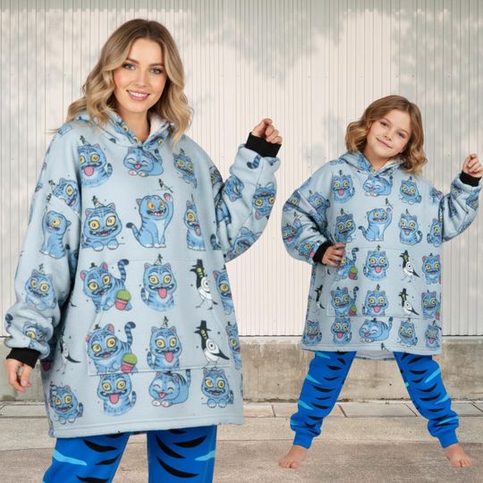 Kpop Demon Hunters Tiger Blanket Hoodie, Derpy Tiger Hoodie, Blue Tiger Oversized Hoodie, Derpy Tiger Cosplay Hoodie With Pocket