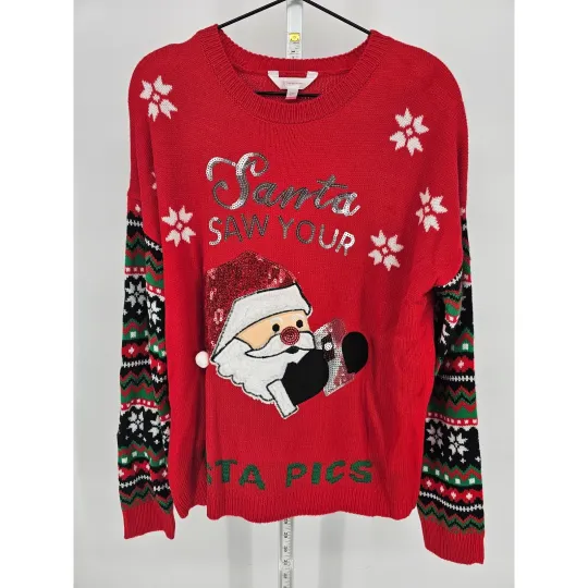 No Boundaries Juniors Sz XL Ugly Christmas Sweater Santa Red Smartphone