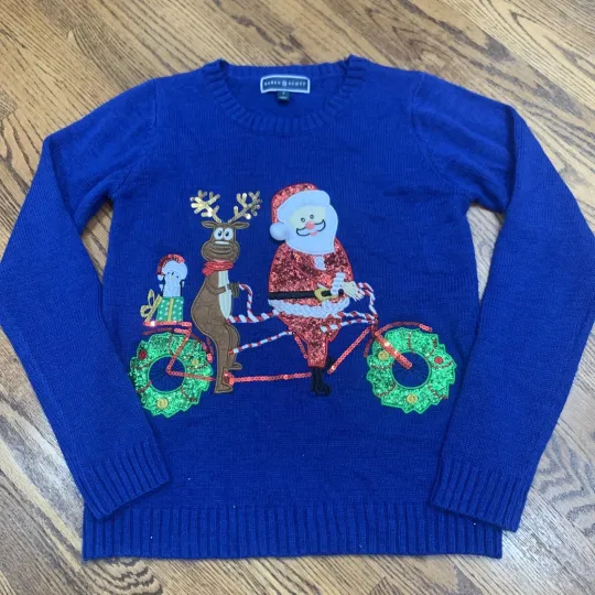 Discover Christmas Sweater Ugly Karen Scott Womens Size S Blue Santa Reindeer