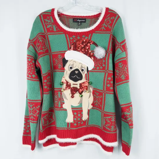 Discover 33 Degrees Pug Ugly Christmas Sweater Womens XL Red Green Sequins Bells Holiday