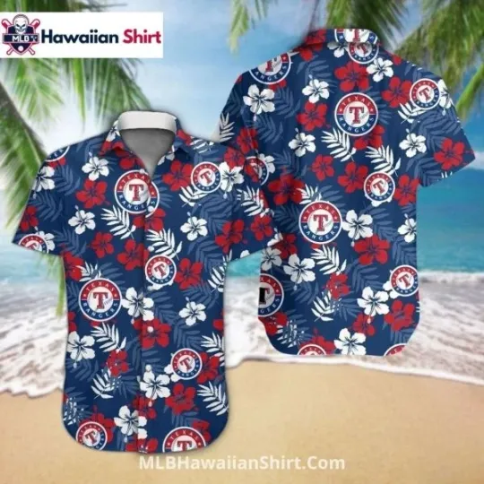 Discover Texas Ranggerrs Hawaiian Shirt With Red And White Hibiscus, Gift for Fan