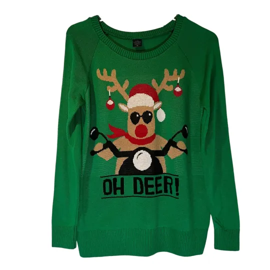 Discover Ugly Christmas Sweater Holiday Oh Deer Crewneck Green Red Pullover Women M