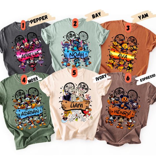 Comfort Colors Personalized Halloween Disney Cartoon Shirt with Disney Font, Custom Mickey and Friends Shirt, Halloween Party Group Costume