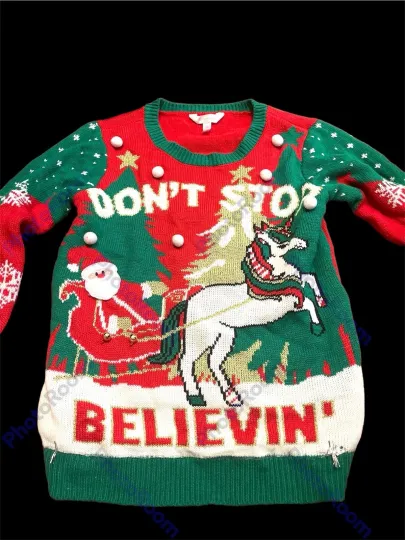 * Ugly Christmas Sweater "Don't Stop Believin" Juniors XXL 19 Bells Glitter
