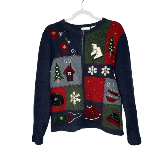 Croft & Barrow Ugly Christmas Sweater Womens S Blue Patchwork Zip Up Cardigan