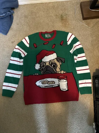 Discover Ugly Christmas Sweater Pug Wearing Santa Hat Cookies Worn Once