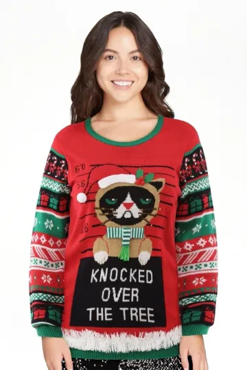 No Boundaries Women's Christmas Ugly Cat Sweater XS