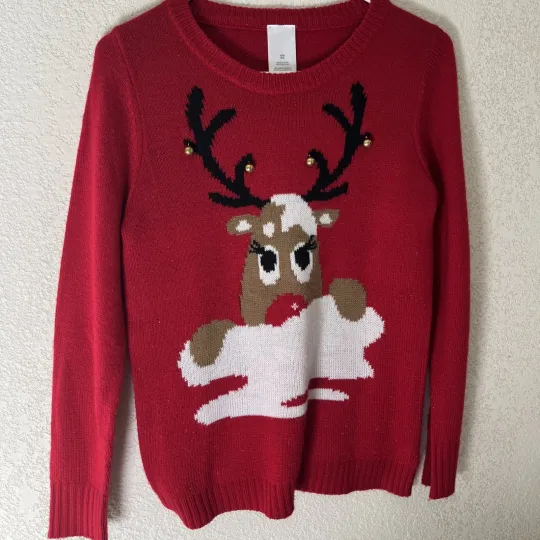 Reindeer Womens Ugly Christmas Sweater Jingle Bells Red Knit Long Sleeve S