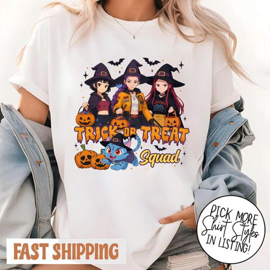 Discover Kpop Huntrix Halloween Shirt, Huntrix Put A Spell On Me Shirt, Kpop Demon Hunters Mira, Rumi, Zoey, Derpy Tiger Tee, Gift for Huntrix fans