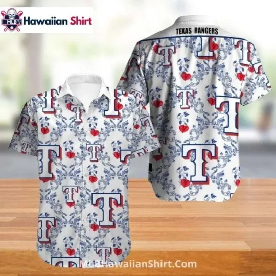 Discover Texas Ranggerrs Aloha Hawaiian Shirt With Scroll And Heart Pattern, Gift for Fan