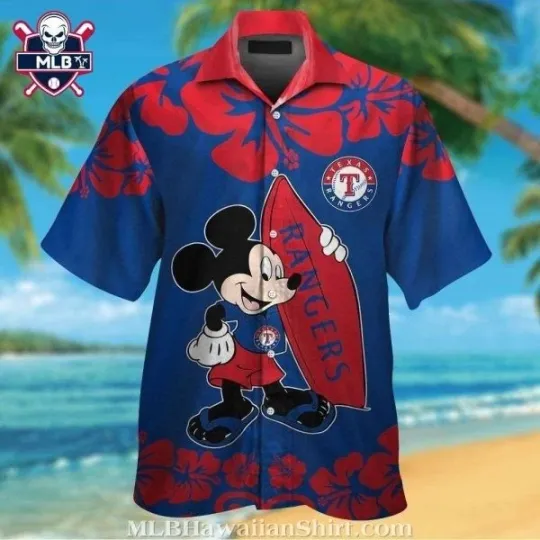 Discover Mickey Mouse Surfboard Hibiscus Pattern Texas Ranggerrs Hawaiian Shirt, Gift for Fan