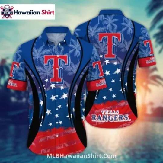 Texas Ranggerrs Aloha Hawaiian Shirt With Stars Stripes And Tropical Art, Gift for Fan
