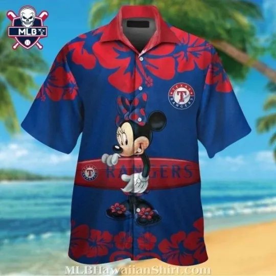 Discover Minnie Mouse Tropical Hibiscus Surfboard Texas Ranggerrs Hawaiian Shirt, Gift for Fan