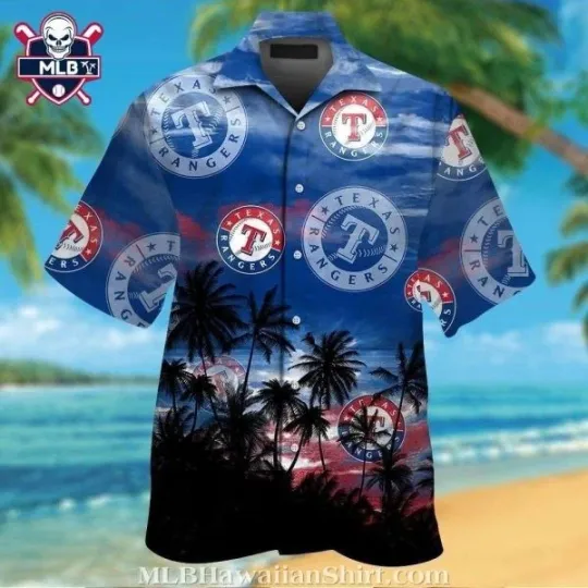 Discover Deep Blue Skies And Palm Tree Motifs Texas Ranggerrs Hawaiian Shirt, Gift for Fan
