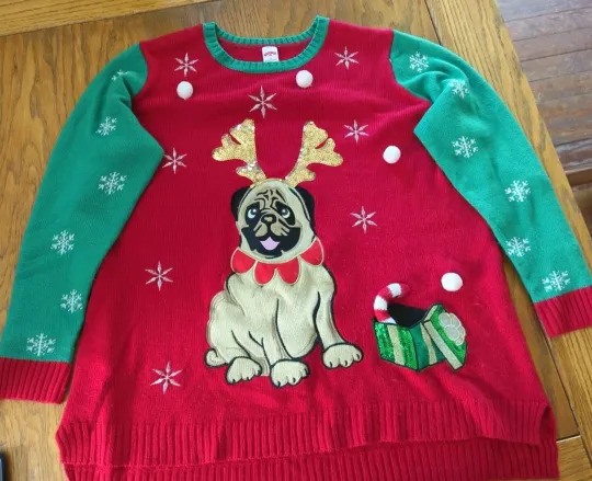 Discover Holiday Time Pug Dog Christmas Sweater Bells Party Ugly Sequins Size 3XL 22w~24w