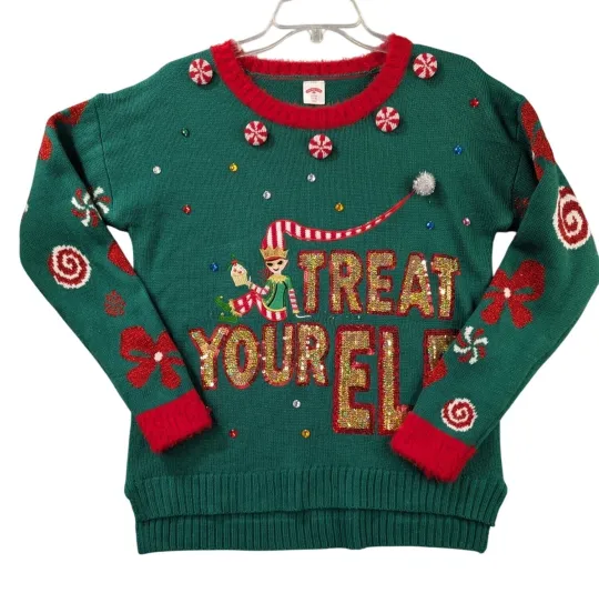 Discover Ugly Christmas Sweater "Treat Your Elf" Size S With Festive Design & Sequins