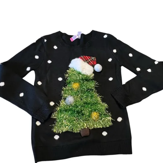 Tinsel Christmas Tree Black Ugly Christmas Sweater in Womens Size Medium