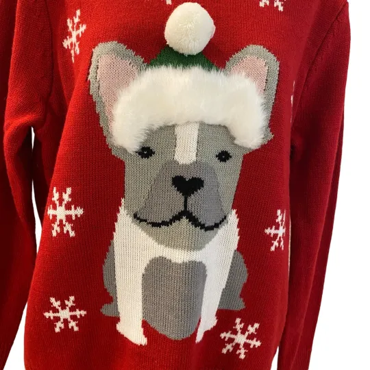 Discover Ugly Sweater Bulldog Christmas Dog Holiday Womens L Petite LP Faux Fur PomPom
