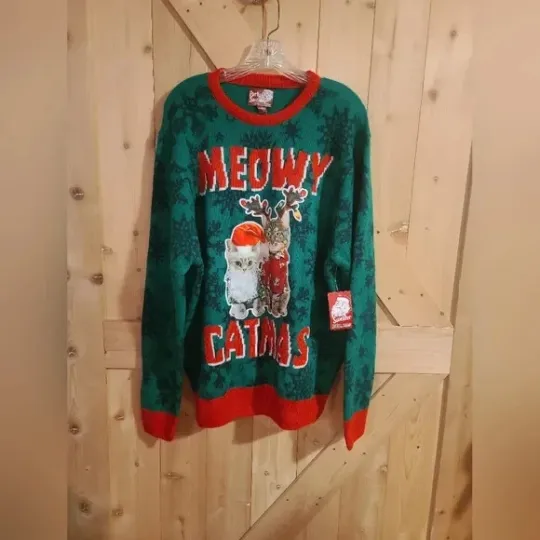 Discover New Ugly Christmas Party Sweater December 25 Meowy Catmas Large Reindeer Cats