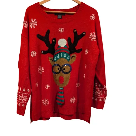 Discover Red Reindeer Ugly Christmas Sweater Women's 2X Crewneck Novelty Holiday