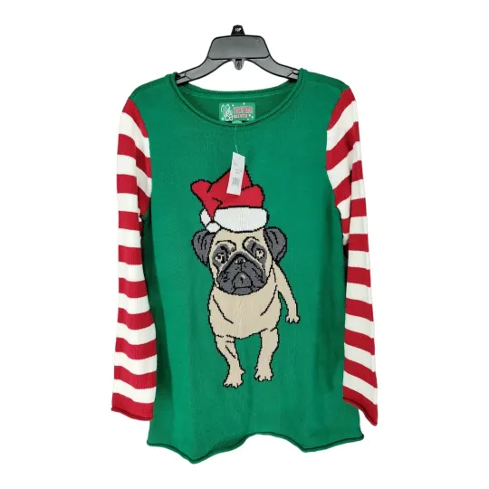 Discover Pug Christmas Sweater Dog Ugly Green Santa Hat Green Red Stripe Sleeve Small NEW