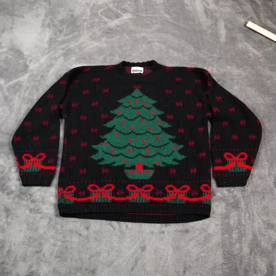 VTG Adele Sweater Womens Large? 42" Black Green Red Ugly Christmas Tree July Bow