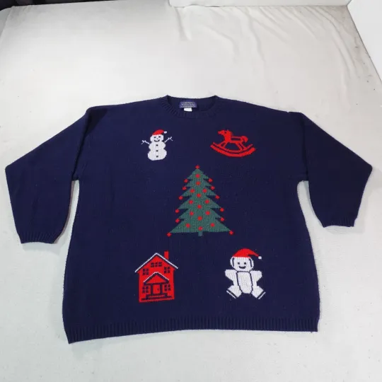 Discover Ugly Christmas Sweater Party Womens 2X Blue Pullover Chunky Thick Knit Grandma