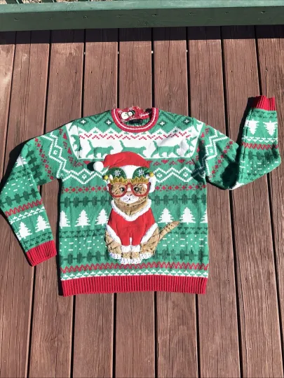 Discover Blizzard Bay Women's Meow Cat Jingles Christmas Sweater Double  Sided Size Lg