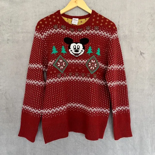 Disney Holiday Mickey Christmas Knit Sweater Snowflake Trees Adult Size M