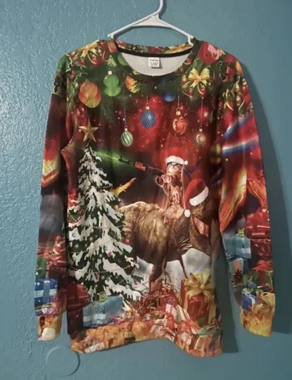 Gun Cat Riding Dinosaur Ugly Christmas Sweater .New