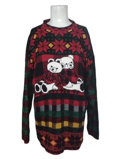 Discover Holiday Time Teddy Bear Ugly Christmas Sweater Women's L Fair Isle Vintage