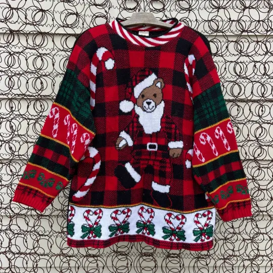 VTG 90s Teddy Bear Santa Clause Plaid Mock Neck Ugly Christmas Holiday Sweater M