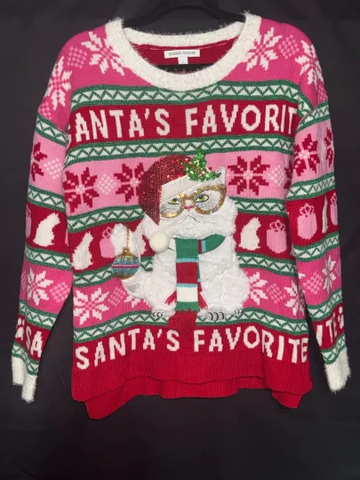 Discover Celebrate Together Ugly Grouchy Cat Christmas Sweater L Pink Red Snowflakes