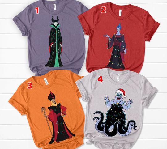 Discover Disney Villains Christmas Lights Characters Group Shirt, Bad Witches Ursula Maleficent Jafar Shirt, Disneyland Christmas Party Matching Gift