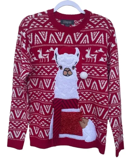 33 Degrees Women's Size Large Ugly Red Christmas Sweater Llama Glittery Pocket