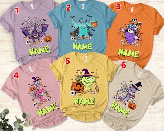 Monster Inc Halloween T-shirt, Personalized Halloween Shirt, Custom Name Mike Boggs Sullivan Celia Shirt Disney Pixar Family Halloween Shirt
