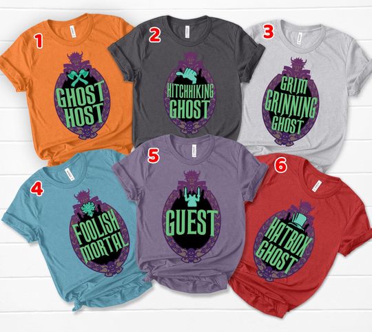 Haunted Mansion Family T-Shirts, Hitchhiking Ghost, Grim Grinning Ghost, Foolish Mortal, Hatbox Ghost, Madame Leota, Dynamite Guy, The Bride