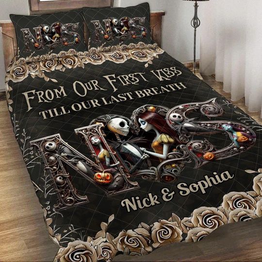 Discover Personalized Alphabet Skull Quilt Set, Initial Letter Quilted Bed Set, From Our First Kiss Till Our Last Breath Pillow Duvet Cover jak7307