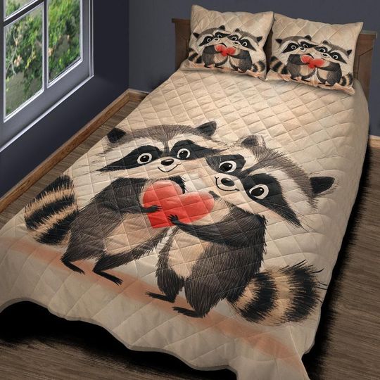 Valentine Raccoon Quilt Set  Cute Couple Animal Diamond Bedding with Pillowcases, Romantic Heart Gift for Her, Him or Kids Room Decor