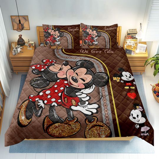 Personalized Couple Quilt Set, Disney Mouse Quilt Blanket & Pillowcases, Custom Name Quilt Bedding Set, Gift for Mickey Lover, Him. Her