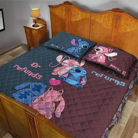 Discover I'm Yours No Refunds Or Returns Quilt Set, Stitch And Angel Quilt Bed Set, Lilo And Stitch Couple Bedding, Disney Quilt, Romantic Gift