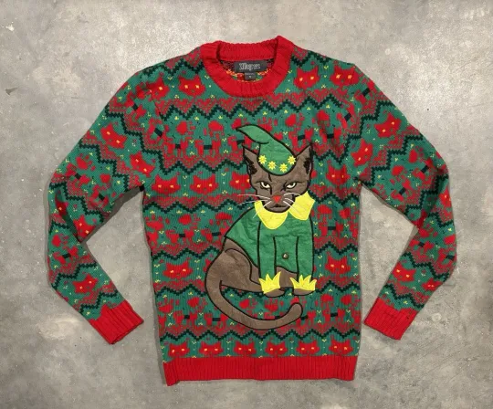 Discover Christmas Cat Sweater 33 Degrees Kitty Bell 8 Bit Appliqued Ugly Size Small