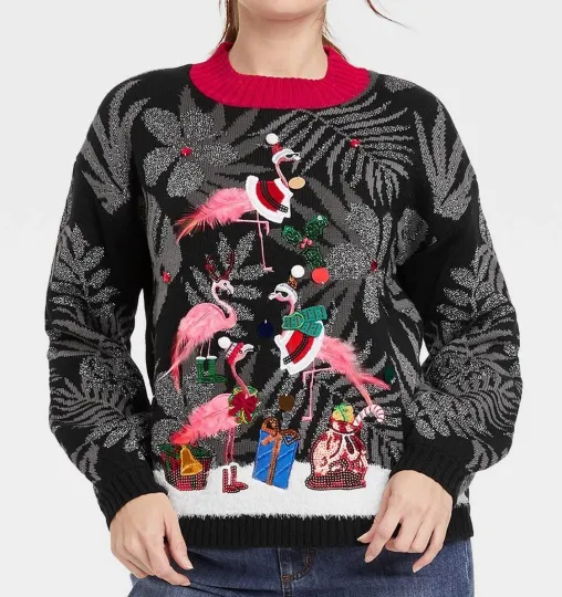 Women's M Medium Ugly Christmas Flamingo Tree Graphic Pullover Sweater - Black