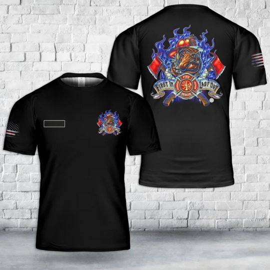 Discover Firefighter Bulldog Graphic Tee: Fire Rescue American Flag Design