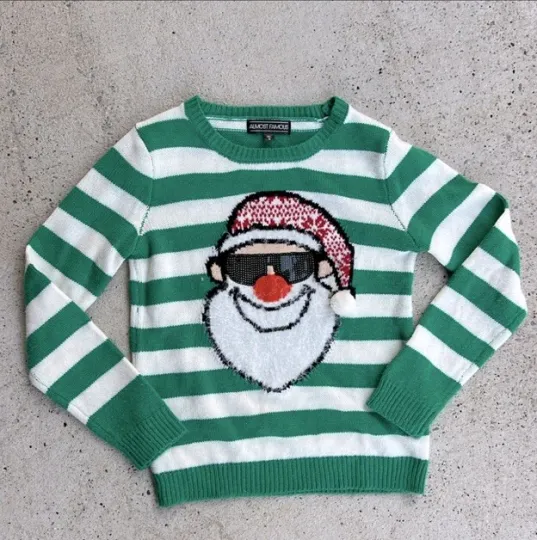 Discover Santa with Sunglasses Green/White Striped Pullover Ugly Christmas Sweater Small