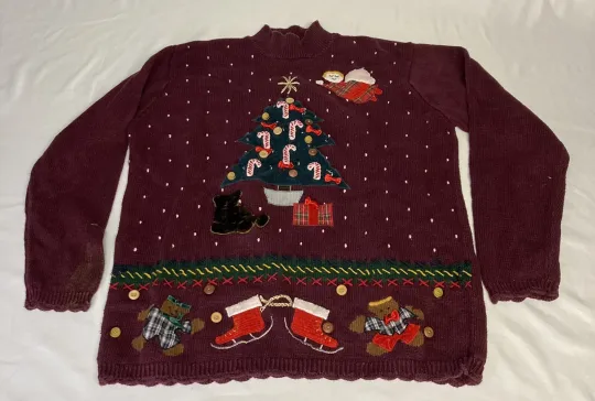 Discover Maroon Ugly Christmas Sweater Womens L Large Karen Scott Hand Embroidered