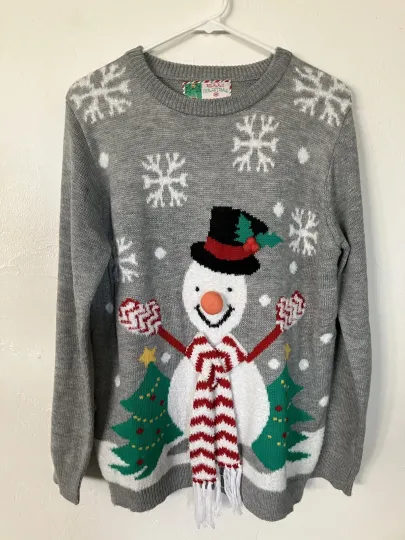 Discover Merry Christmas Cute/Ugly Sweater Grey Snowman sz Large